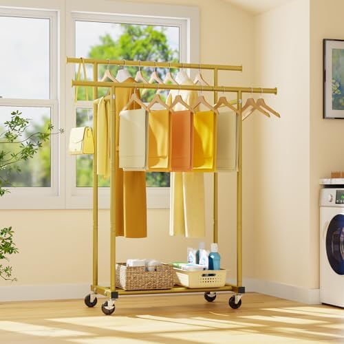 HYSEYY Double Rods Clothes Rack, Sturdy Rolling Clothing Rack, Portable Cloth...
