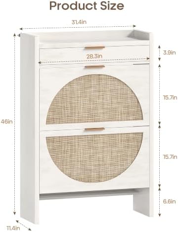 Quikraen Rattan Shoe Cabinet with 3 Drawers (2 Flip + 1 Slide), 31.5" Wi...