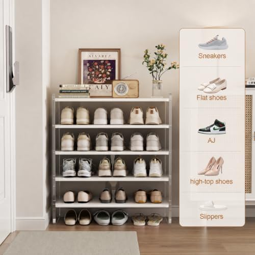 5-Tier Shoe Rack, Wood Acrylic Shoe Shelf, White, 29" W