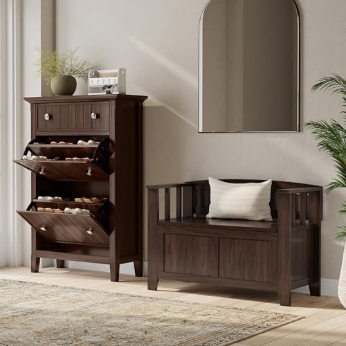 SIMPLIHOME Acadian Storage Bench and Shoe Cabinet Set in Brunette Brown