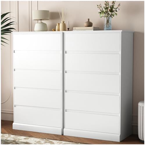 Dresser for Bedroom, Modern Tall White 5 Drawer Dresser, Modern Wood Chest of...