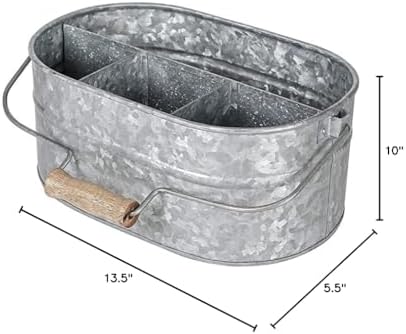 Goroly Home Galvanized Metal Caddy Storage Bin with Wooden Handle, 4 Compartm...