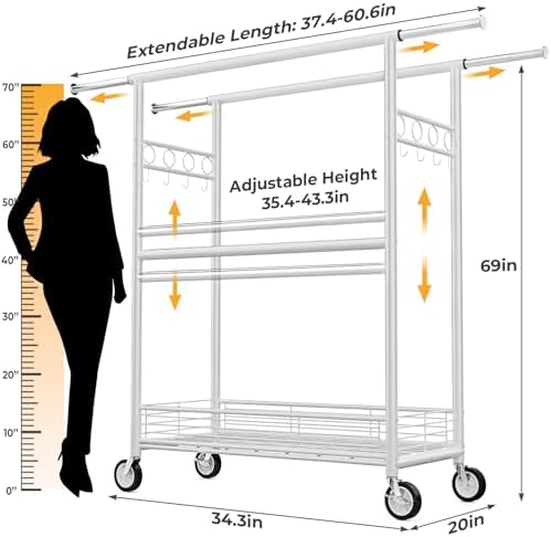 Heavy Duty Clothes Rack Load 960LBS, Three Rods Rolling Clothing Racks for Ha...
