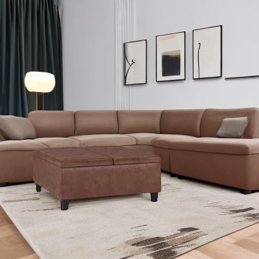 SIMPLIHOME Ellis 36" Wide Vegan Leather Storage Ottoman in Saddle Brown