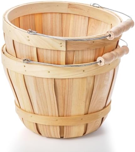 Okllen 2 Pack Round Wooden Baskets with Handle, Empty Wood Fruit Buckets, Eas...