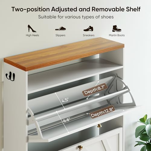 Shoe Storage Cabinet with 2 Flip-Up Doors, Freestanding Hidden Shoe Storage O...