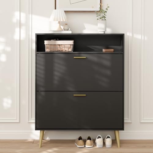 LYNSOM Entryway Shoe Cabinet Set of 2 with 2 Flip Drawers and Open Storage, B...