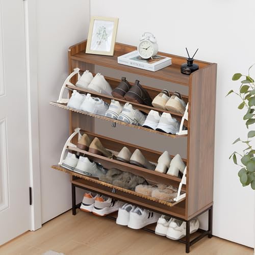 RARZOE Fluted Shoe Cabinet for Entryway with 2 Flip Drawers, Narrow Wood Shoe...