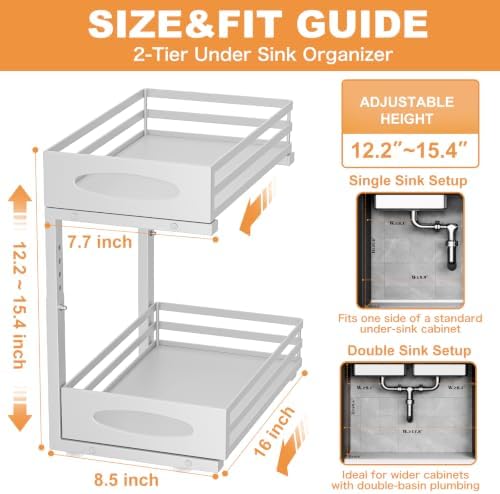 Under Sink Organizer, 2 Tier Under Sink Organizers and Storage, Adjustable He...