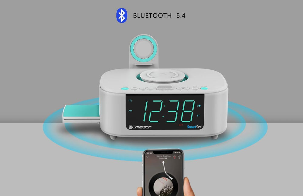Emerson CKSW5010 Smartset Wireless Charging, Dual Alarm FM Clock, Bluetooth R...
