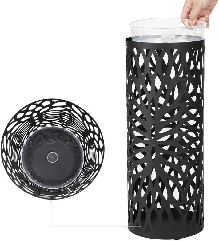 SONGMICS Umbrella Stand, Steel Round, Detachable Drip Tray, 4 Hooks
