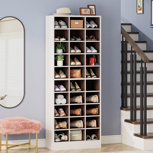 Tribesigns 10-Tier Shoe Storage Cabinet Set of 2, White and Brown Wooden Shoe...