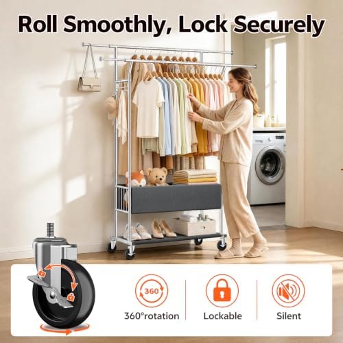 Heavy Duty Rolling Clothing Rack, Double Rod Clothing Storage Organizer