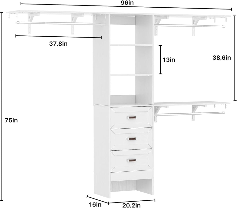 8FT Closet System with 3 Curved Drawers, 96'' Wooden Walk-in Closet O...