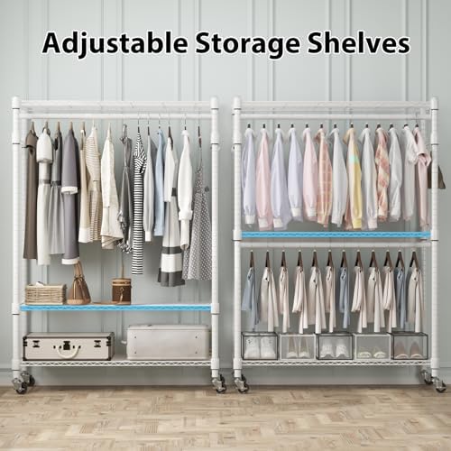 Homdox 3 Tier Heavy Duty Garment Rack with Wheels, Adjustable Wire Clothes Ra...