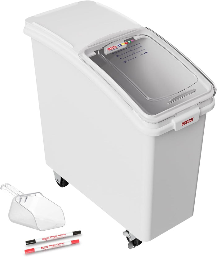 22 Gal Commercial Mobile Ingredient Bin with Scoop, Heavy Duty Food Storage Container with Clear Sliding Lid for Flour, Sugar, Baking Mix & Grains, Lockable Wheels, FIFO Label