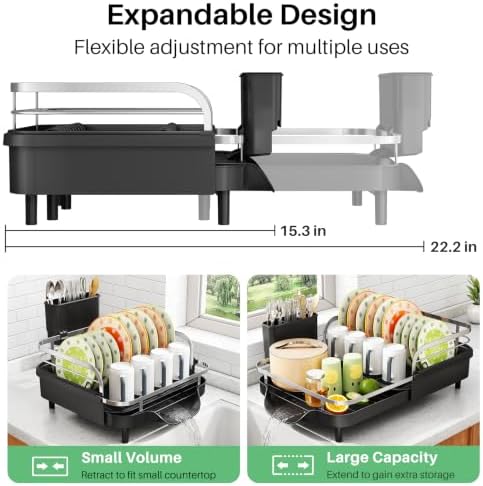 SAYZH Expandable Dish Drying Rack for Small Kitchen Counter, Black