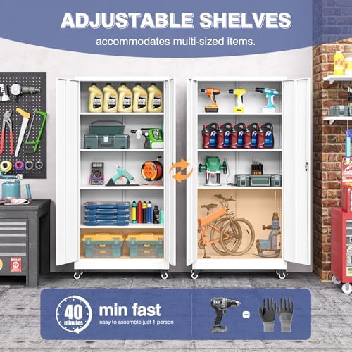 Metal Garage Storage Cabinet with Locking Doors and Adjustable Shelves, Wide ...