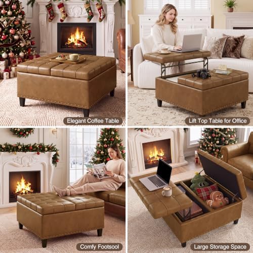 FiveWillowise 31.5 Inch Large Square Ottoman with Storage,Faux Leather