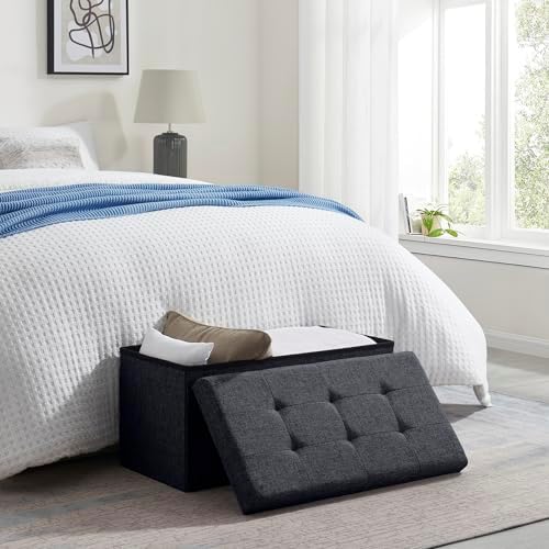 Ornavo Home 30 Inch Folding Storage Ottoman Bench, Tufted Linen, Black