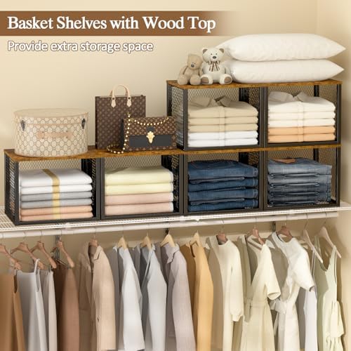3 Pack Stackable Closet Organizers and Storage Basket, Closet Shelves with Wo...