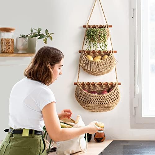 3 Tier Hanging Fruit Baskets for Kitchen, Handmade Jute Organizer