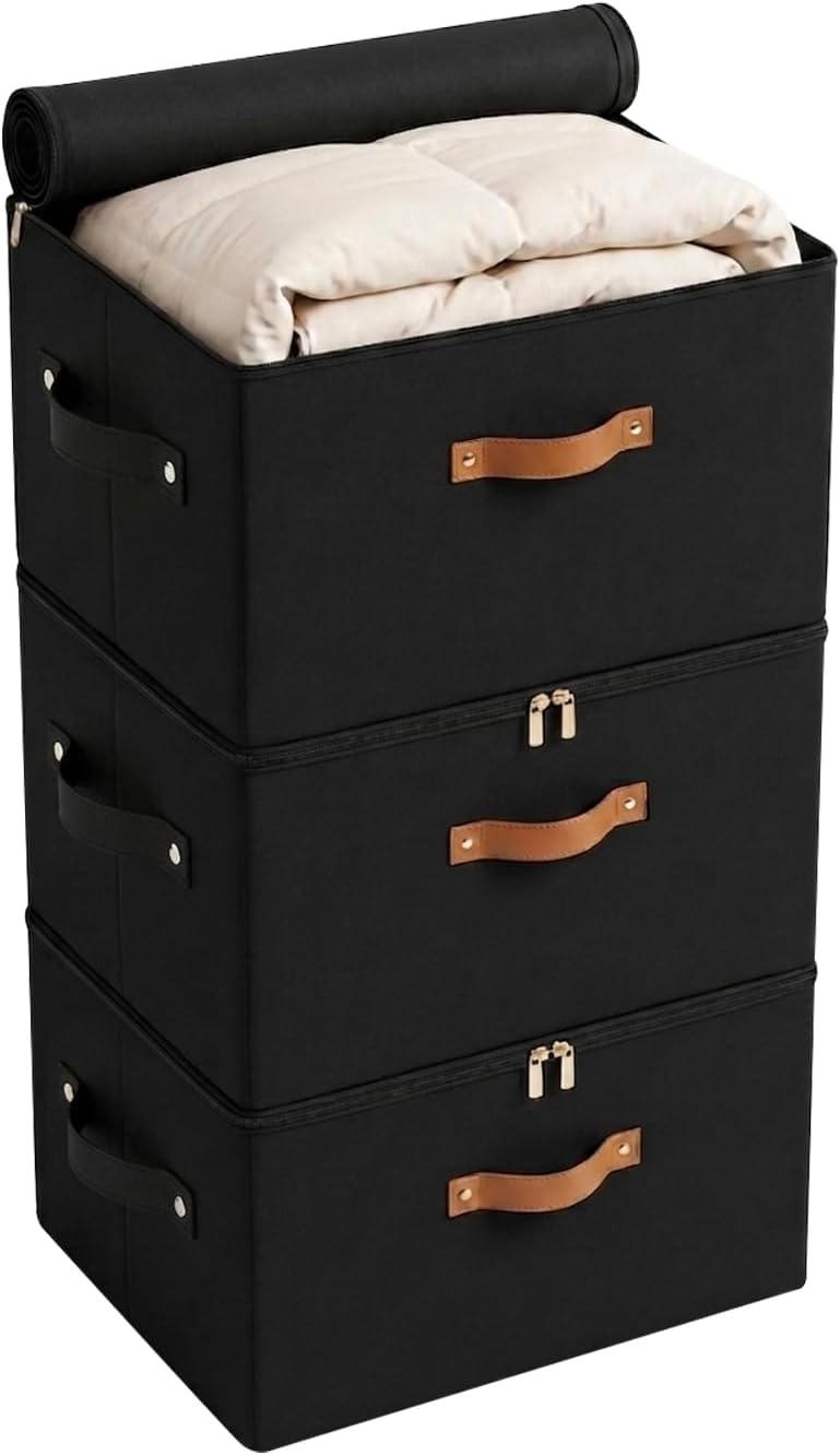 Tuza 3 Pack Foldable Storage Bin with Lid, Heavy-Duty Fabric Storage Box with...