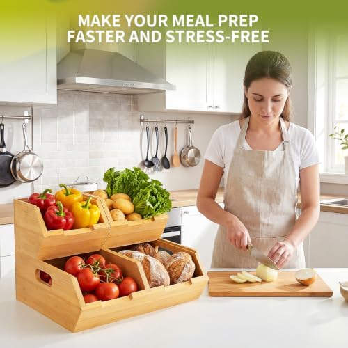 Bamboo Pantry Storage Bins Set, Potato and Onion Storage Bin for Countertop
