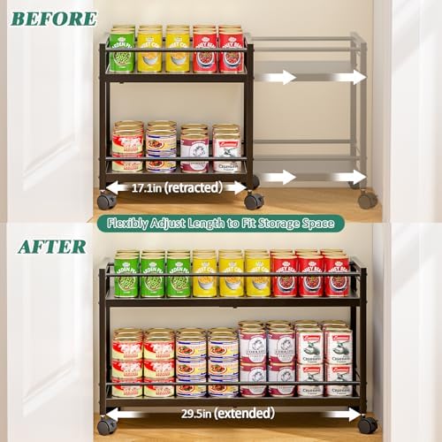 2-Tier Expandable Rolling Pantry Cart with Wheels, Adjustable Floor Organizer...