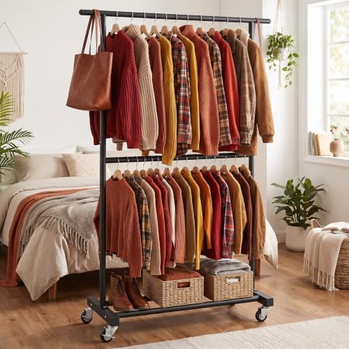 Sywhitta Double Rod Metal Clothing Garment Rack on Wheels, Black