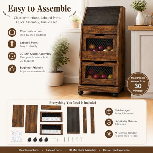 Rustic Farmhouse Pantry Cabinet with Wheels for Kitchen Storage