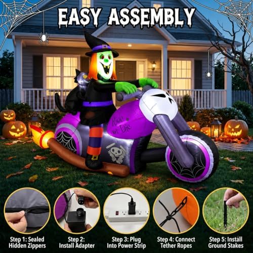7FT Gaint Halloween Inflatables Witch on Motorcycle with Black Cat,Blow Up Ou...