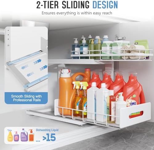 Under Sink Organizer Upgrade To Professional Rails,2-Tier Dual Pull Out Cabin...