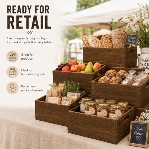 5 Pack Wooden Crates for Display Nesting Wood Crate for Storage with Handle
