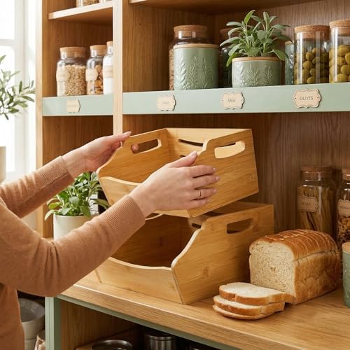 Cididu 2 Pack Bamboo Stackable Storage Bin, Countertop Open Front Stacking Bi...
