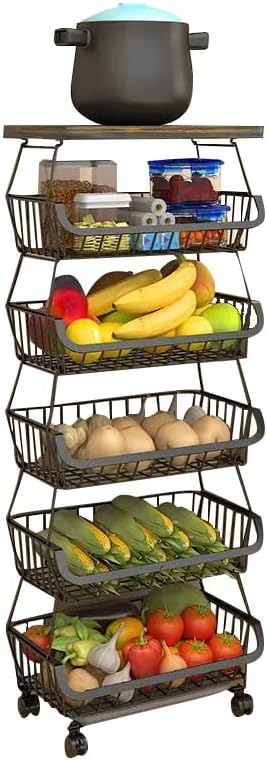 Metal Wire Baskets with Wheels, Kitchen Organizer, 6 Tier Stackable Storage C...