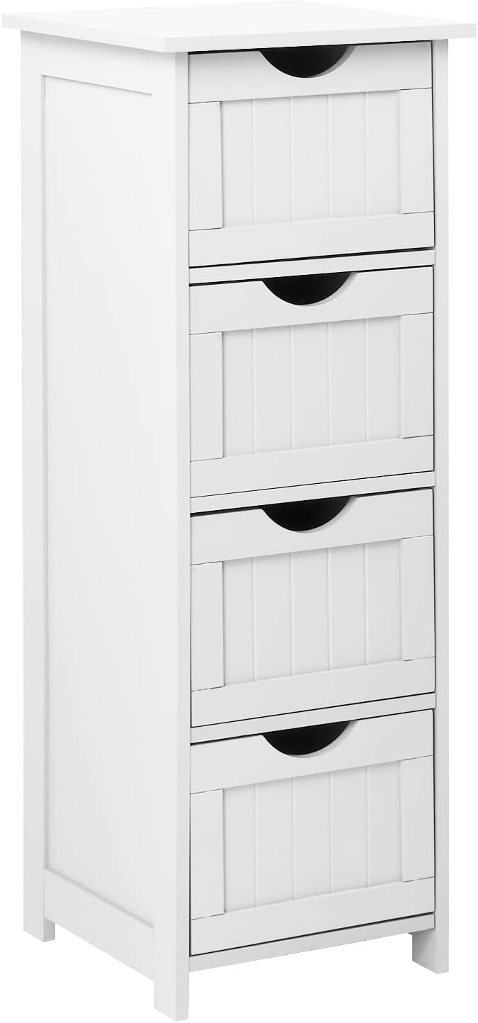 VINGLI White Bathroom Storage Cabinet with 4 Drawers Wooden Freestanding Slim...