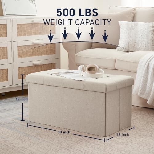 Ornavo Home 30 Inch Folding Storage Ottoman Bench, Tufted Linen, Beige