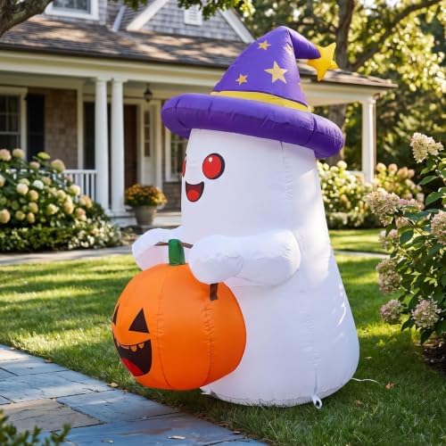 5 FT Halloween Inflatables Decor, Cute Inflatable Ghost with Pumpkin, Built-i...