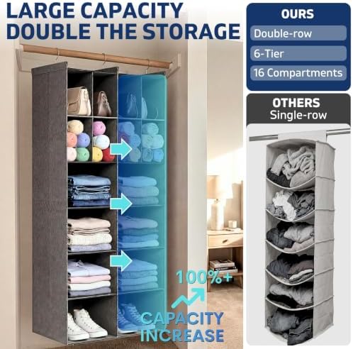 6 Tier Hanging Closet Organizer, 16 Compartments Dual Row Storage, Grey