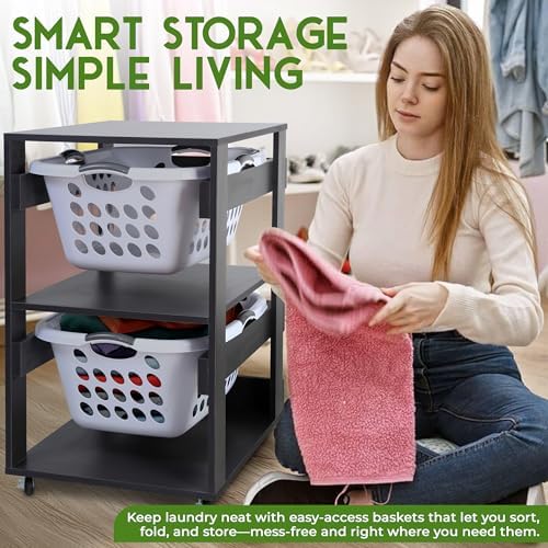 Laundry Basket Holder Shelf, Stackable Laundry Sorter (Slate Grey, 2 Tier)