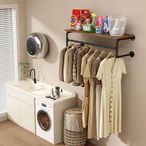 Clothes Rack Wall Mounted, 43.3in Shelf with Hanging Rod, Industrial Pipe Clo...