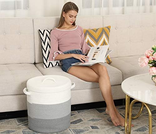 16x18 Inch Extra Large Round Cotton Rope Storage Basket with Lid, Decorative ...