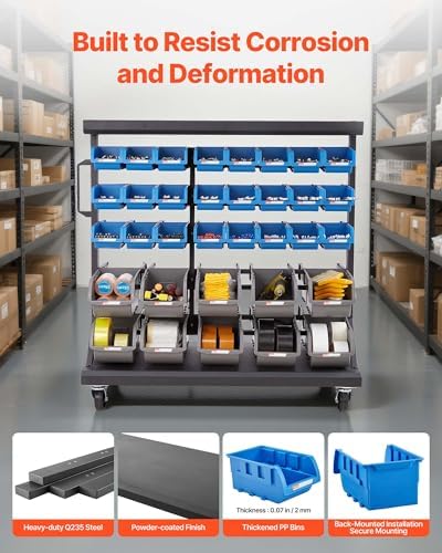 VEVOR 5-Tier Double-Sided Rolling Bin Storage Rack, 68 Plastic Bins, Dual-Sid...