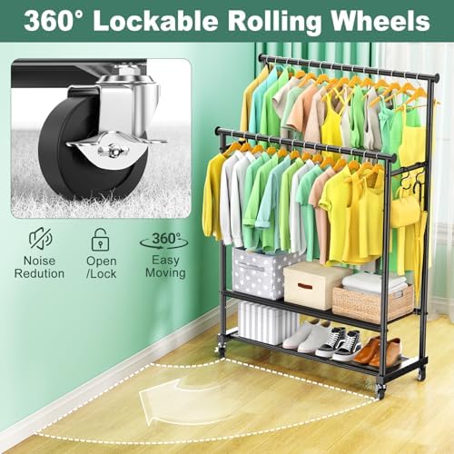 Double Rods Clothes Rack for Hanging Clothes, Heavy Duty Rolling Clothing Rac...