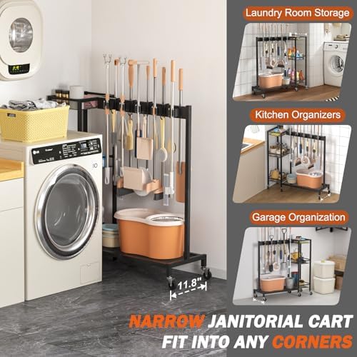 Broom Holder with Cleaning Supplies Organizer, Broom Closet Storage Cabinet w...