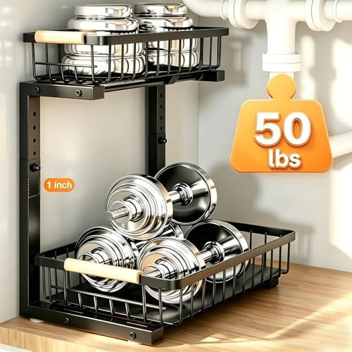 REALINN Under Sink Organizer, 2 Pack Height Adjustable Under Sink Organizers ...