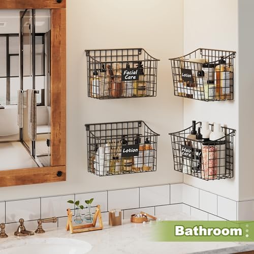 Wall Basket with Label Plate & 5 S-Hooks –4 Pack Hanging Wire Basket for ...