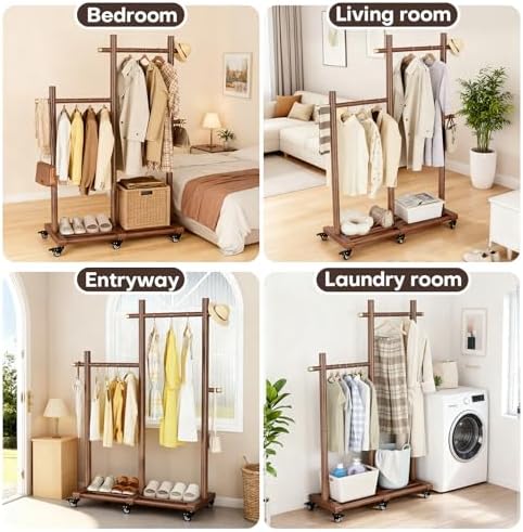 Wooden Clothing Rack, Double Pole Clothes Rack with 4 Hooks & 6 Wheels