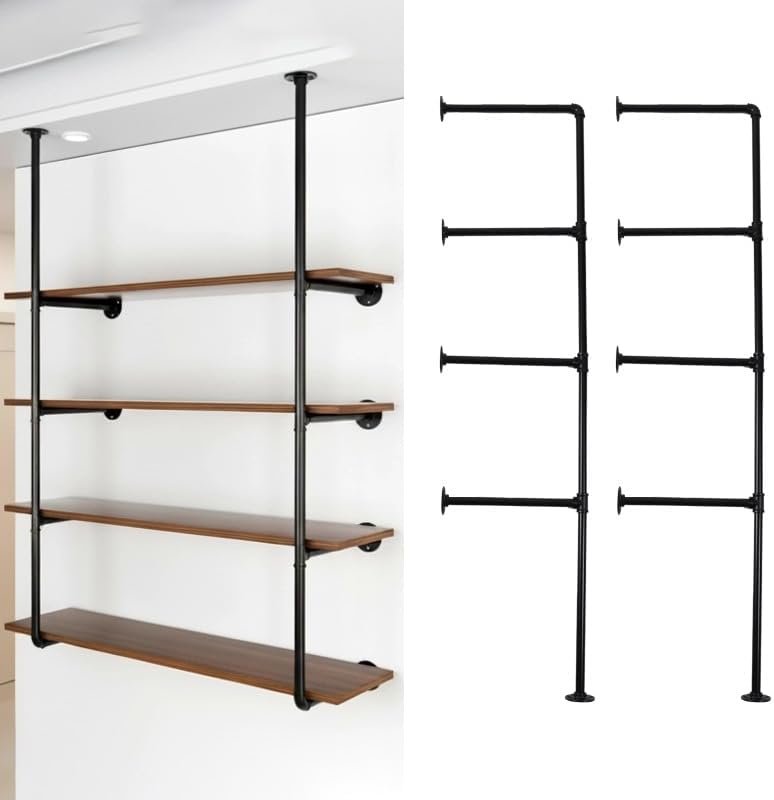 Industrial Pipe Shelving System with 4 Tiers, Black Iron Wall Mount, Floor to...